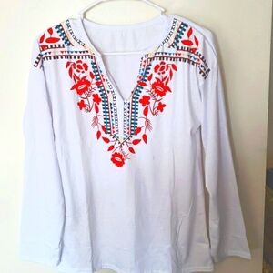 Bohemian Split V-Neck White Long Sleeve T-Shirt Size XXL